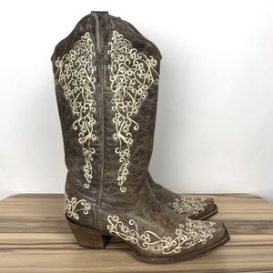 Corral Ladies Lisa Snip Distressed Brown Bone Embroidery Boots